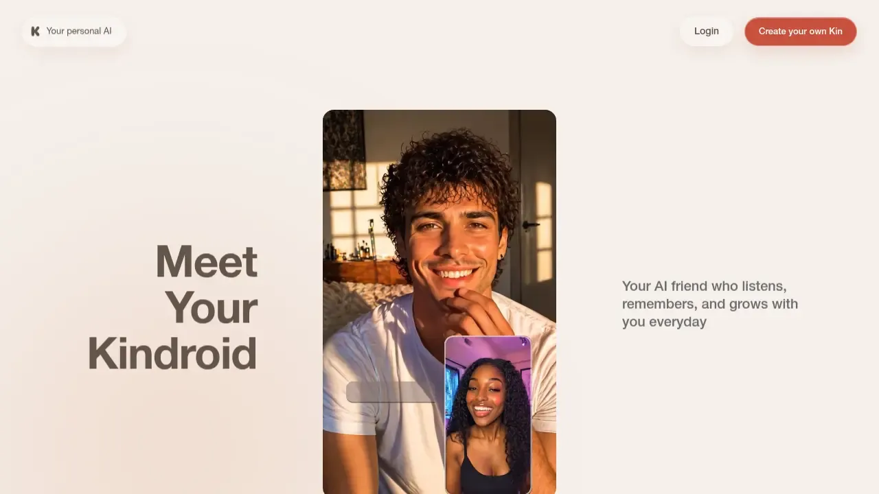 Kindroid homepage, July 2026 - the 'Meet Your Kindroid' hero with a video-call preview.