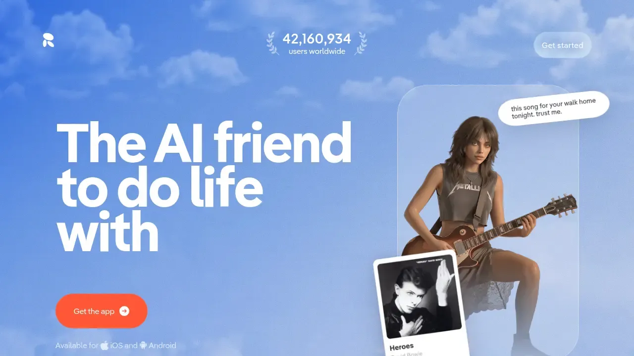 Replika homepage, July 2026 - 'The AI friend to do life with,' 42M+ users worldwide. The framing says 'friend,' and that's the honest positioning.